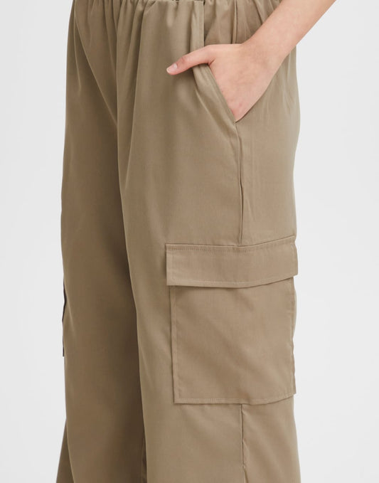 Women's Beige Linen Cargo Pants with Bow Tie Waist