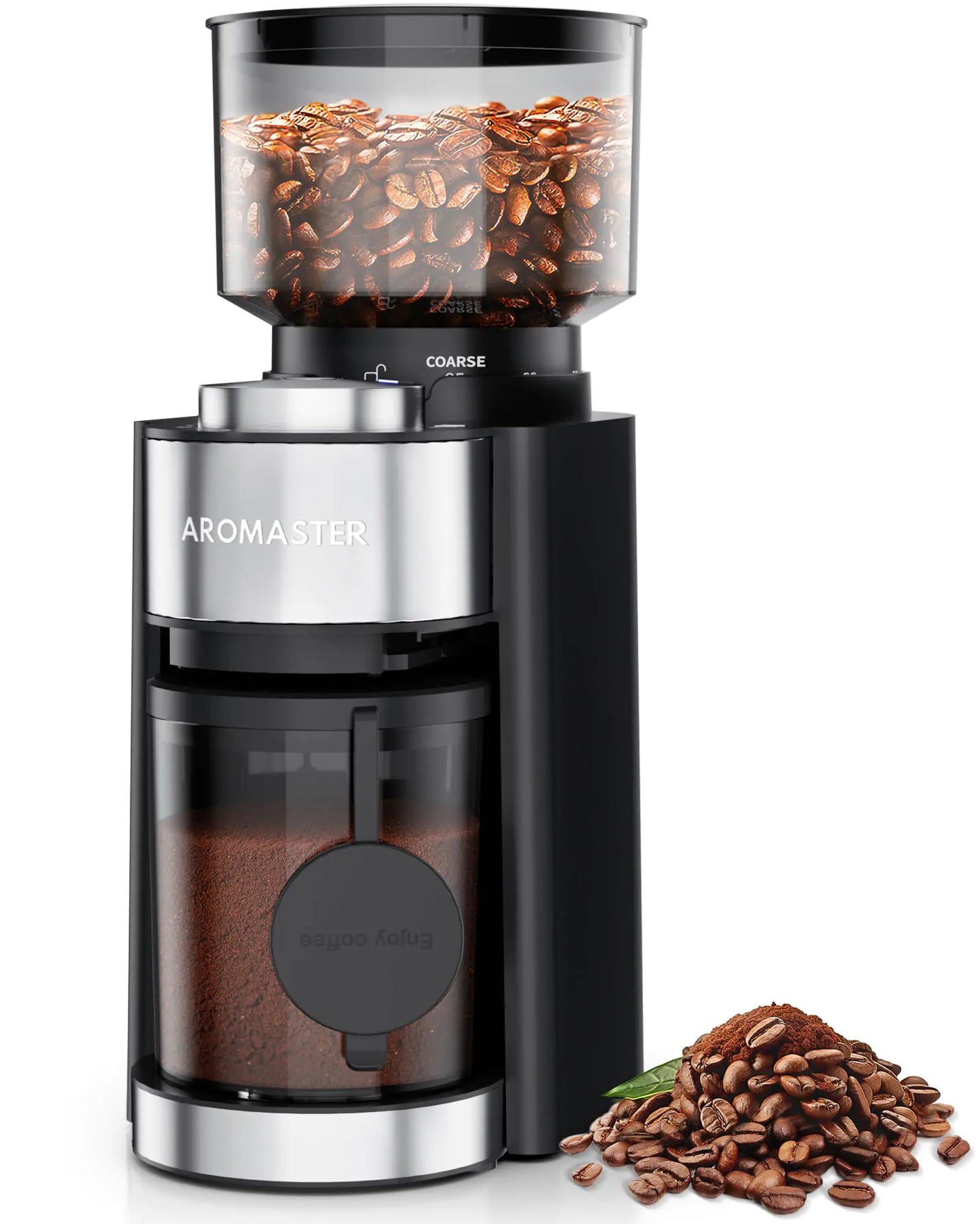 Aromaster 25-Setting Burr Coffee Grinder with Timer and Brush, Black
